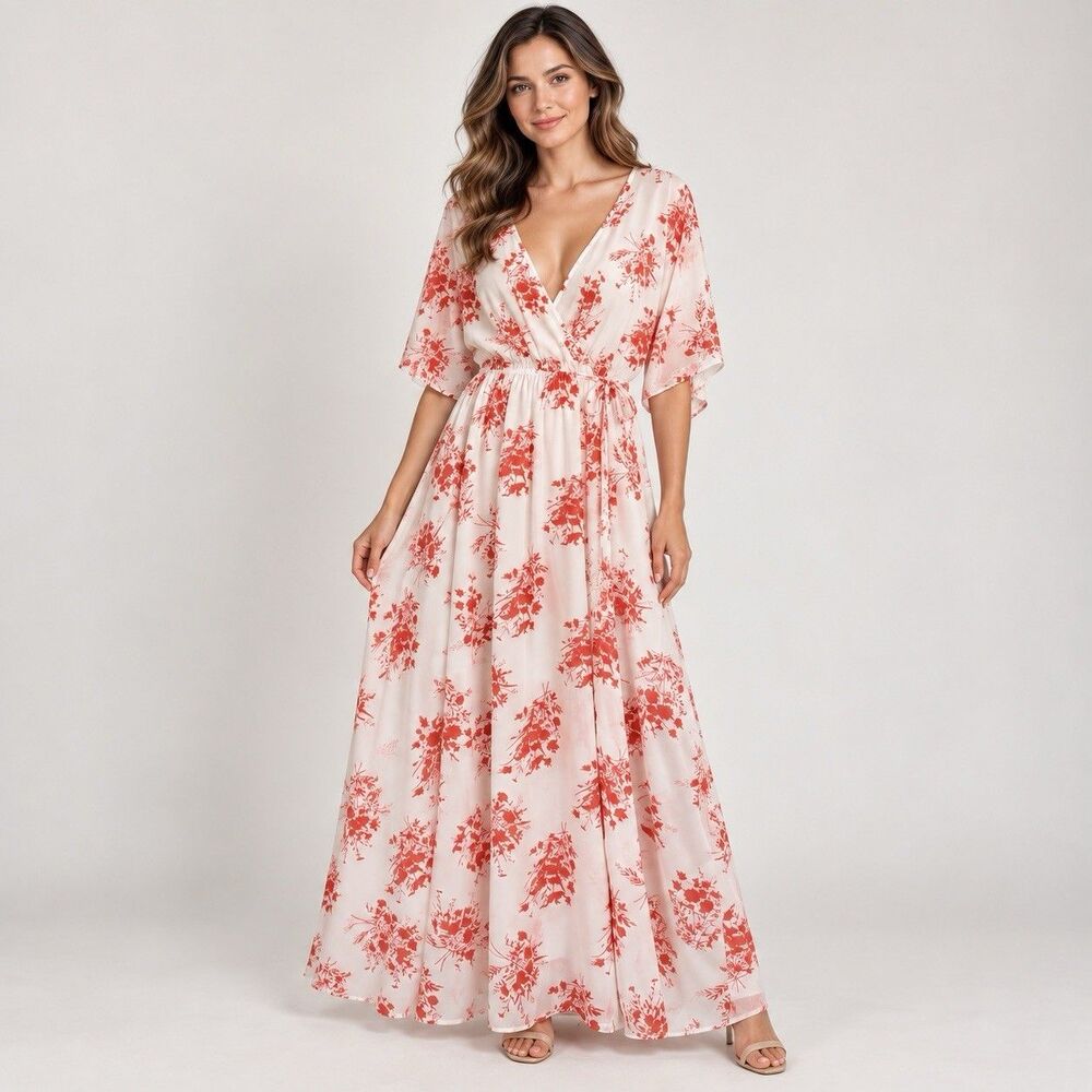 XL Coral White Floral Maxi Dress | Surplice V Neck Kimono Sleeves Tie Waist Boho